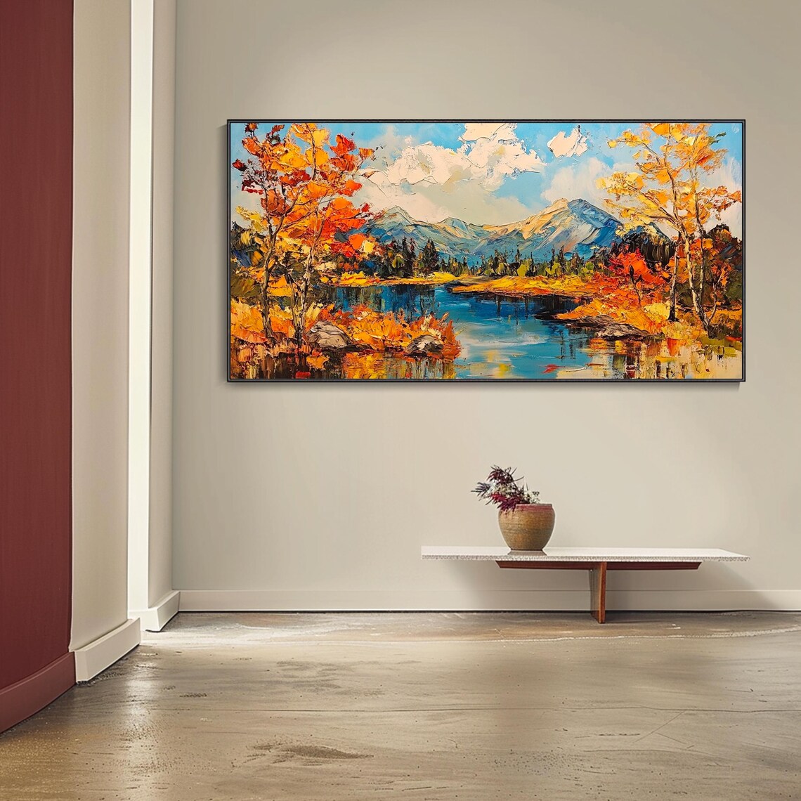 Fiery Autumn Mountain Lake Fall Foliage Impasto Oil Painting Wall Art - Image 4