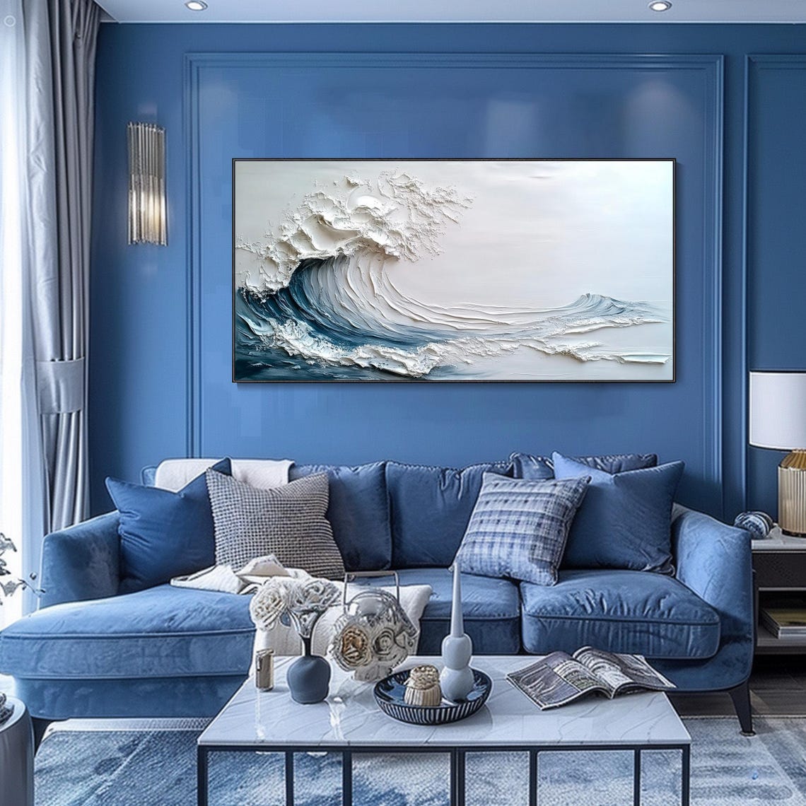 Great Ocean Wave Curl White Plaster Textured Impasto Seascape Wall Art - Image 2