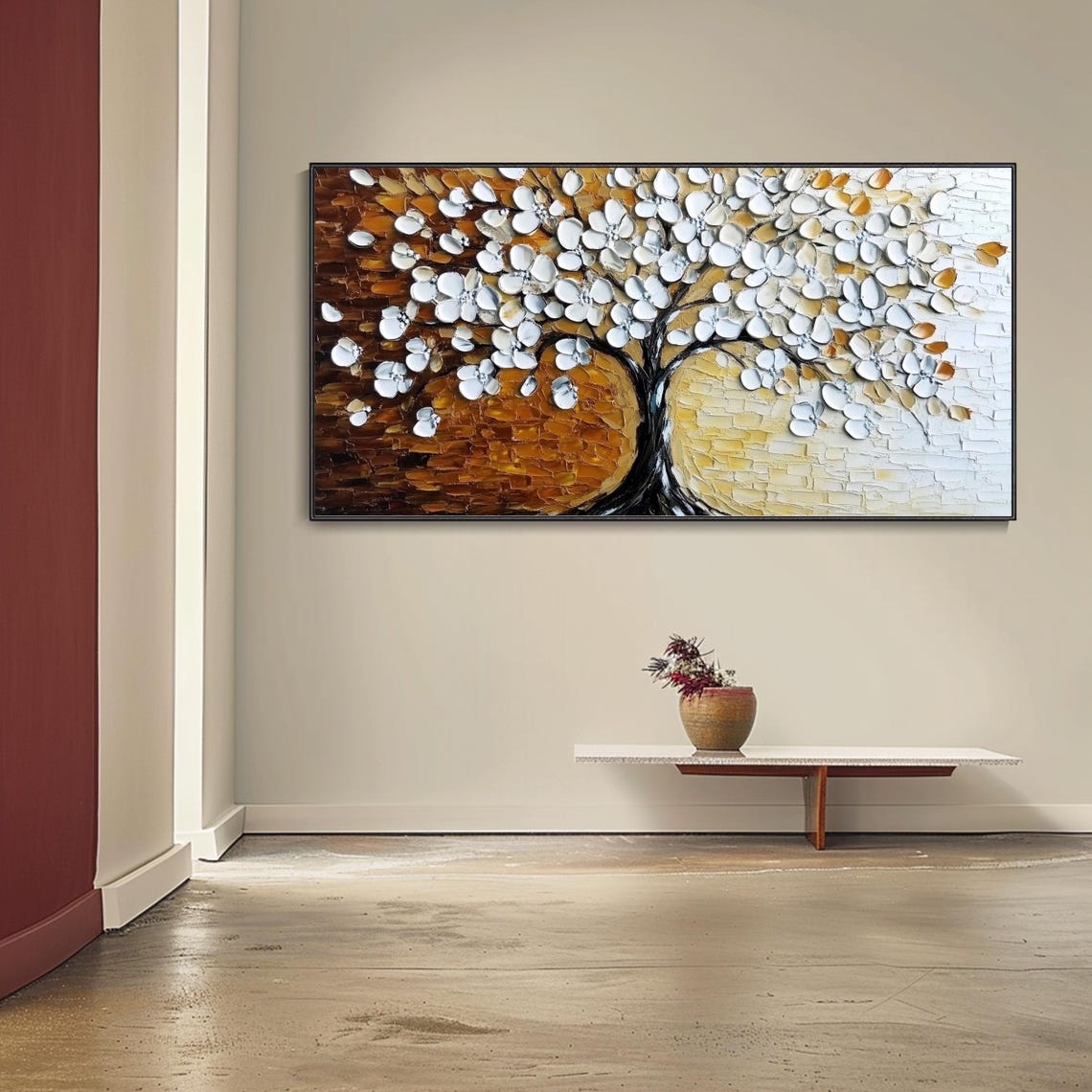 White Blossoming Tree Golden Brown 3D Textured Floral Art Poster - Image 2