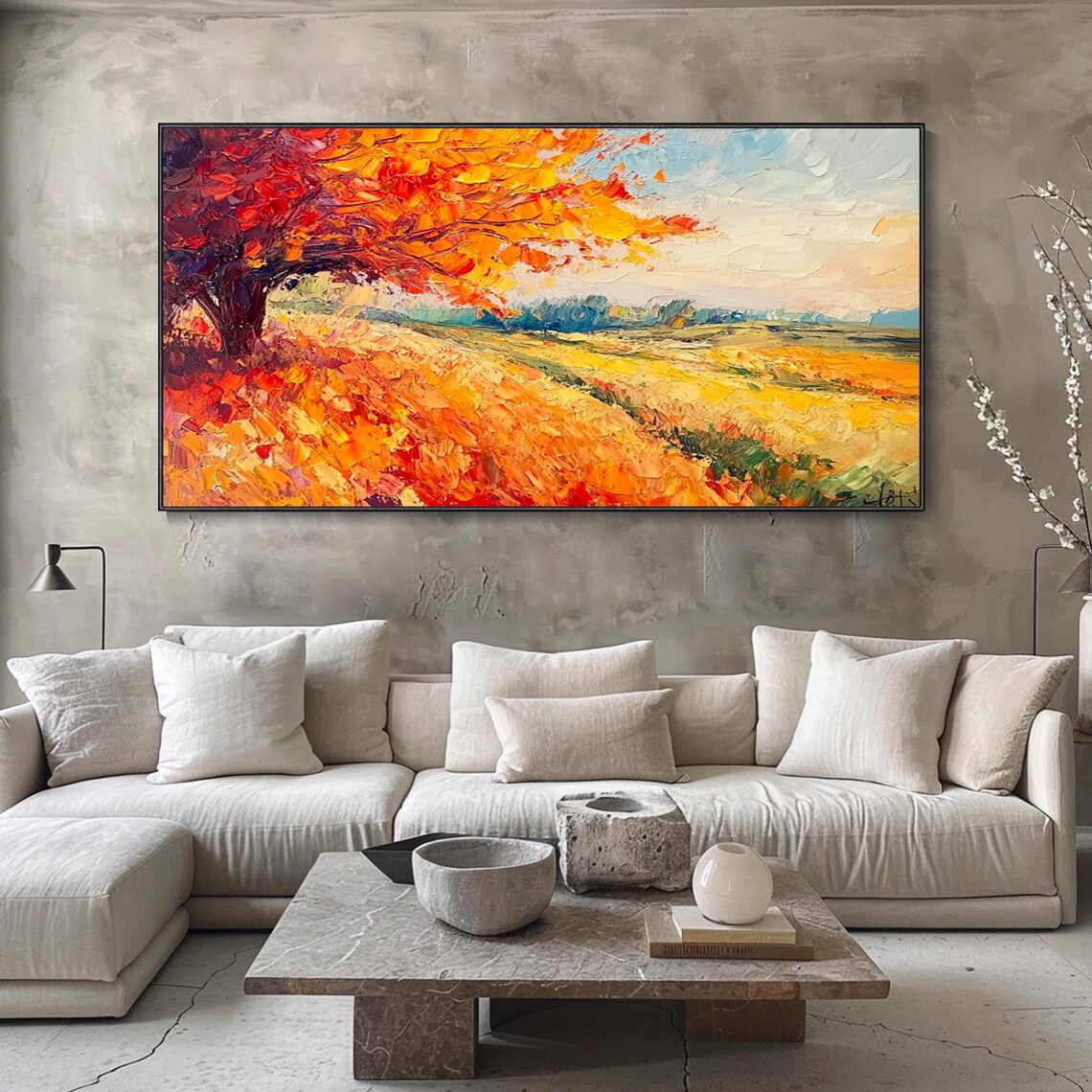 Fiery Autumn Tree Golden Field Sunset Landscape Impasto Wall Art - Image 4