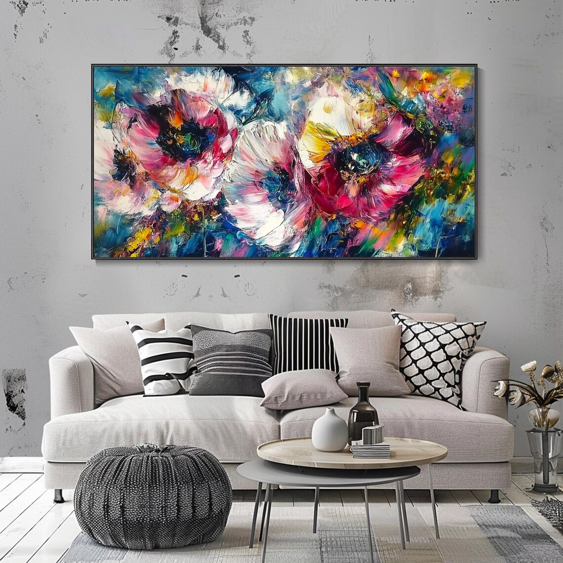 Colorful Abstract Wildflowers Pink Blue Energy Impasto Floral Wall Art - Image 2