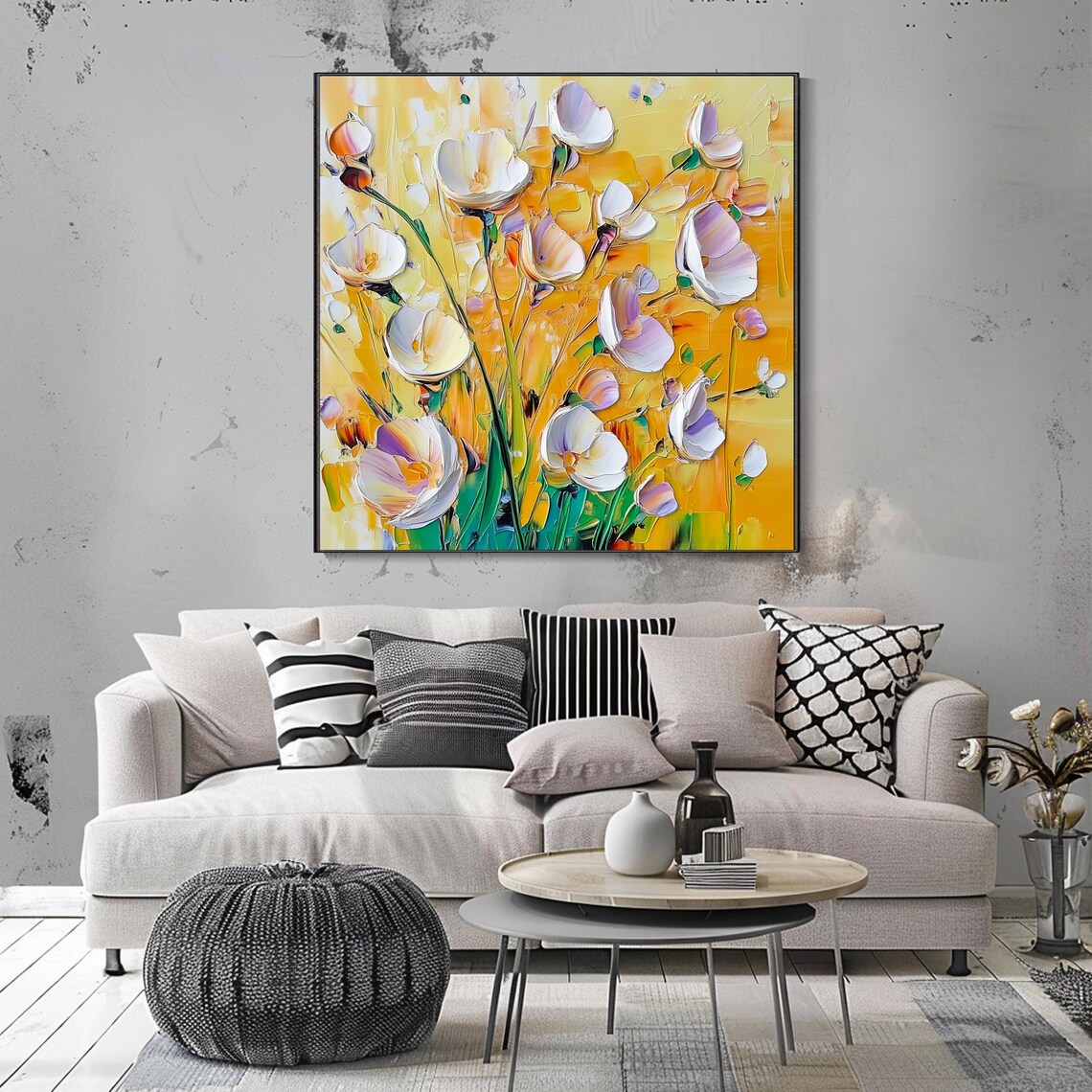 White Cosmos Flowers Golden Yellow Background Impasto Floral Wall Art - Image 3
