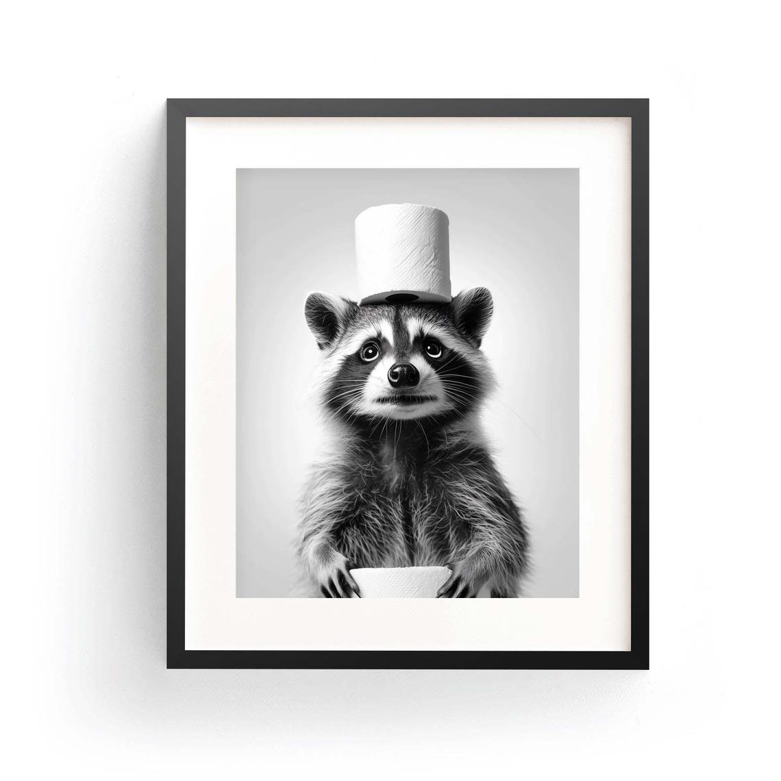 Raccoon with Toilet Paper Roll on Head Funny Bathroom Animal Poster