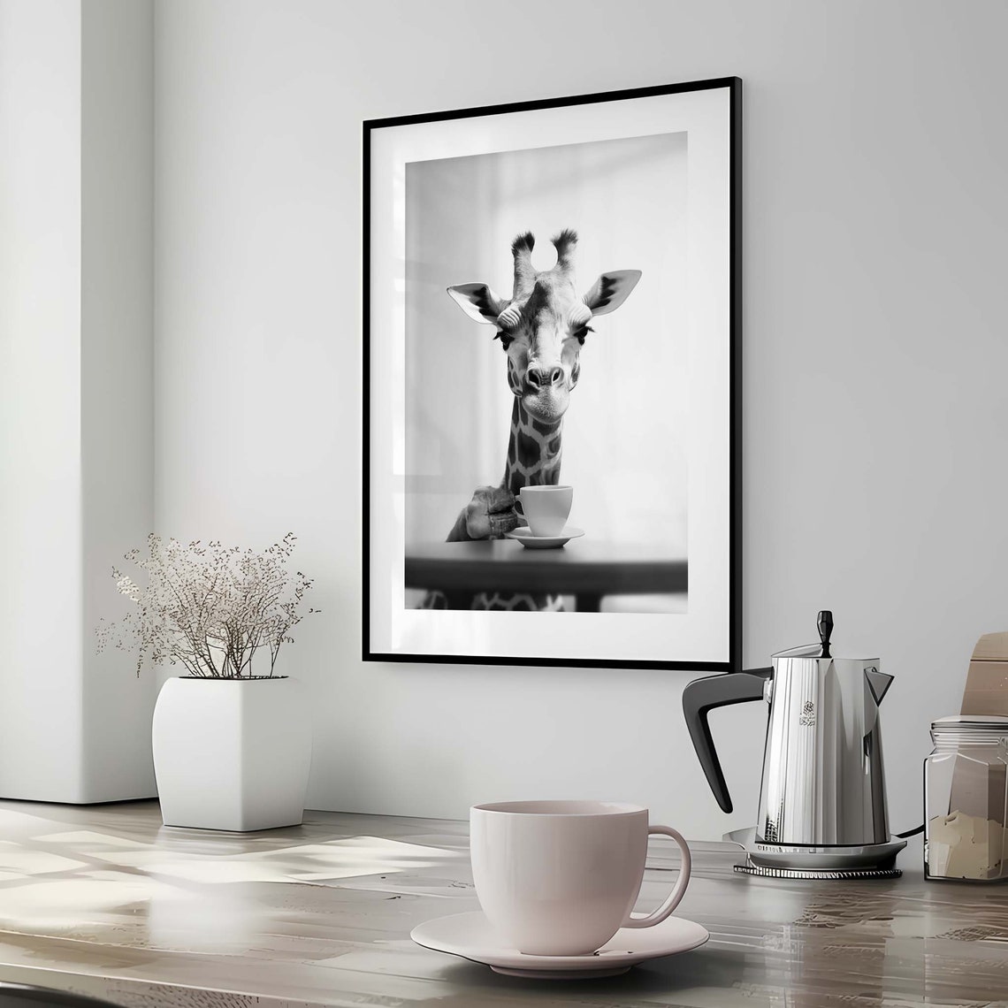 Funny Giraffe Drinking Coffee At Table Black White Photo Poster - Image 2