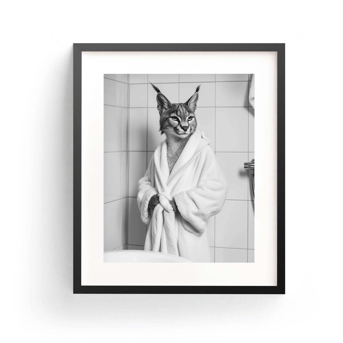 Caracal Cat Wrapped in Bathrobe Funny Bathroom Animal Poster