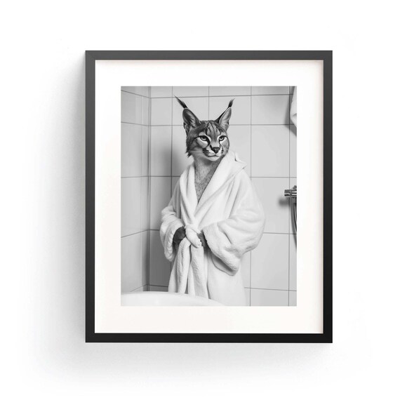Caracal Cat Wrapped in Bathrobe Funny Bathroom Animal Poster