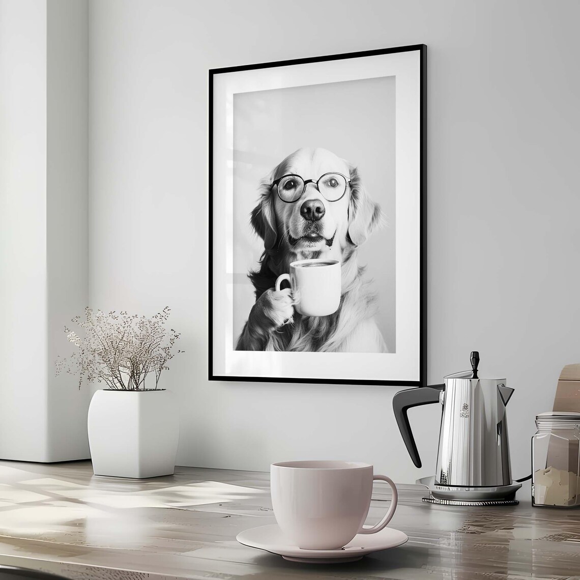 Golden Retriever with Glasses Holding Coffee Cup Funny Poster - Image 3