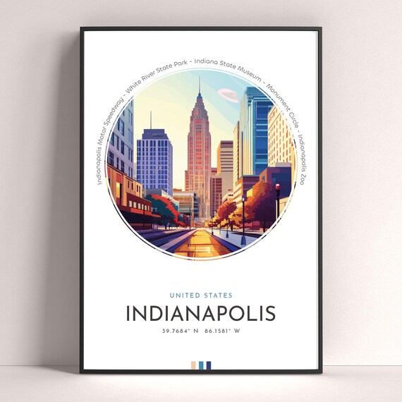 Indianapolis Indiana Downtown Street Golden Light Travel Poster