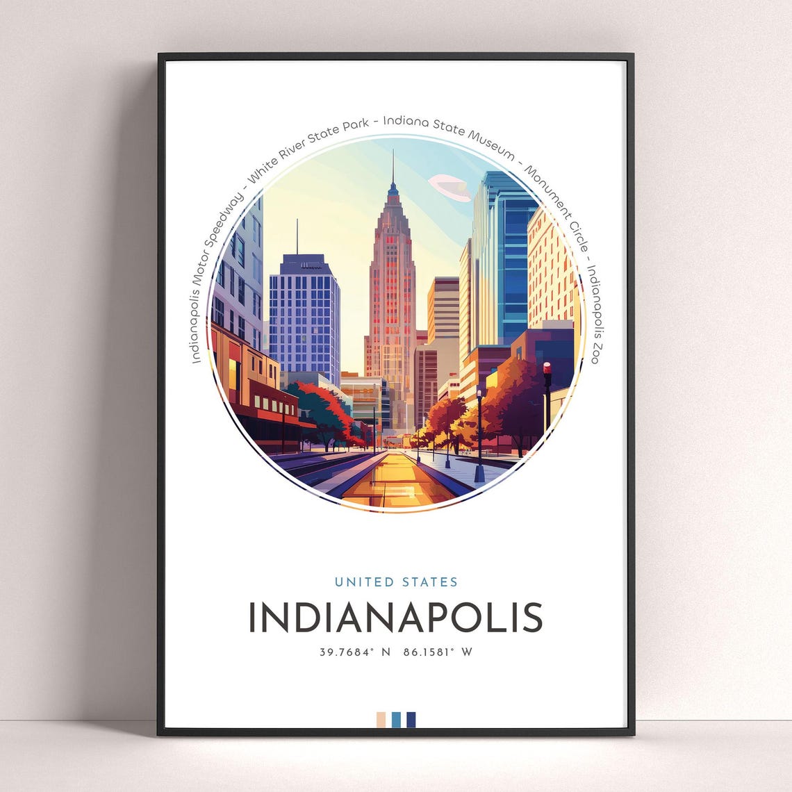 Indianapolis Indiana Downtown Street Golden Light Travel Poster