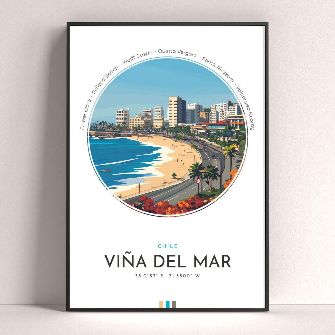 Vina del Mar Chile Beach Cityscape Promenade Vintage Travel Poster