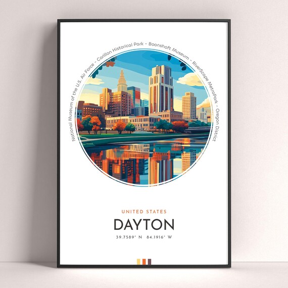 Dayton Ohio Downtown Skyline River Reflection Sunset Travel Poster