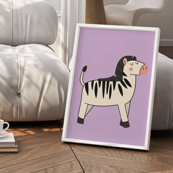 Smiling Cute Zebra Cartoon Lilac Background Kids Room Poster