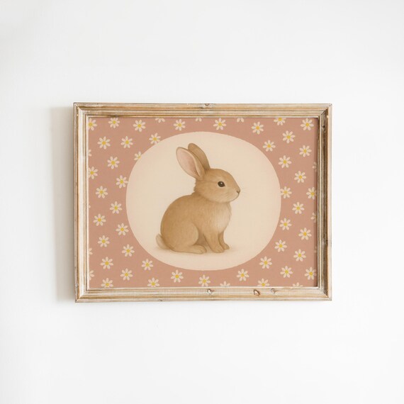 Baby Bunny Pink Daisy Background Vintage Nursery Wall Poster