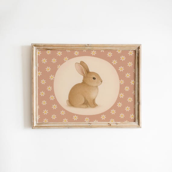 Baby Bunny With Floral Pink Background Vintage Nursery Wall Art