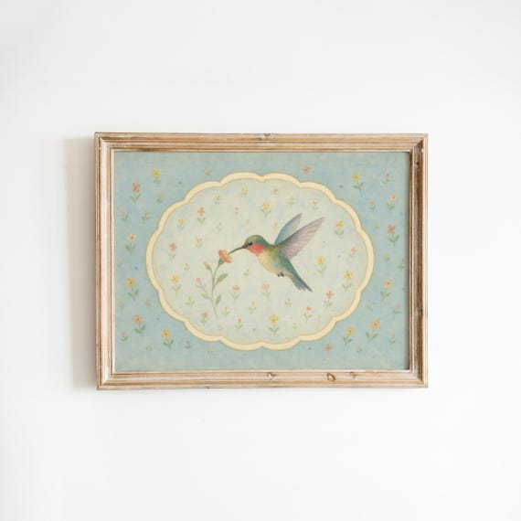 Hummingbird Flower Vintage Style Nursery Poster