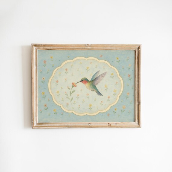 Hummingbird With Flower Vintage Floral Border Nursery Art Print