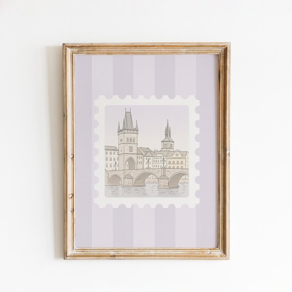 Prague Charles Bridge Old Town Tower Lavender Stamp Cityscape Poster