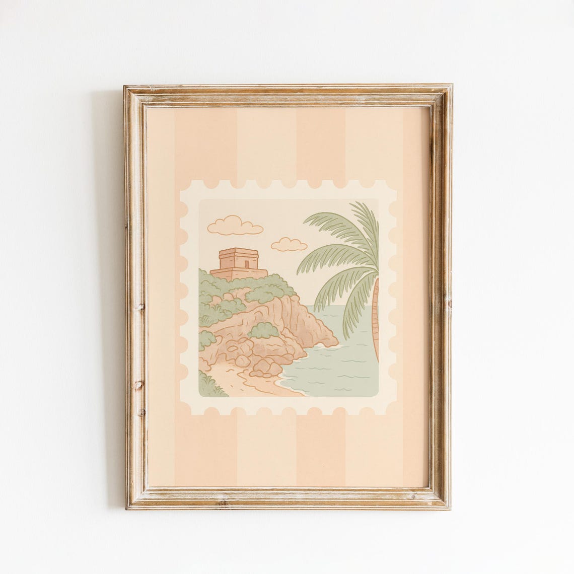 Coastal Watchtower Stamp Poster Minimal Beach Illustration Wall Art