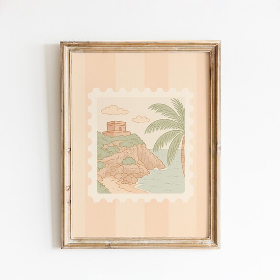 Coastal Watchtower on Rocky Cliff Pastel Stamp Minimal Beach Poster