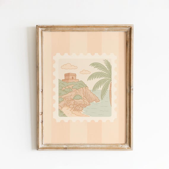 Coastal Watchtower Stamp Poster Minimal Beach Illustration Wall Art