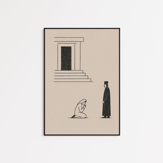 Woman Praying At Temple Door Minimalist Biblical Line Art Poster