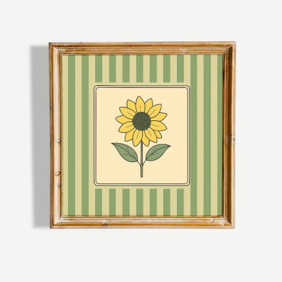 Sunflower Botanical Poster Bold Green Striped Retro Wall Art