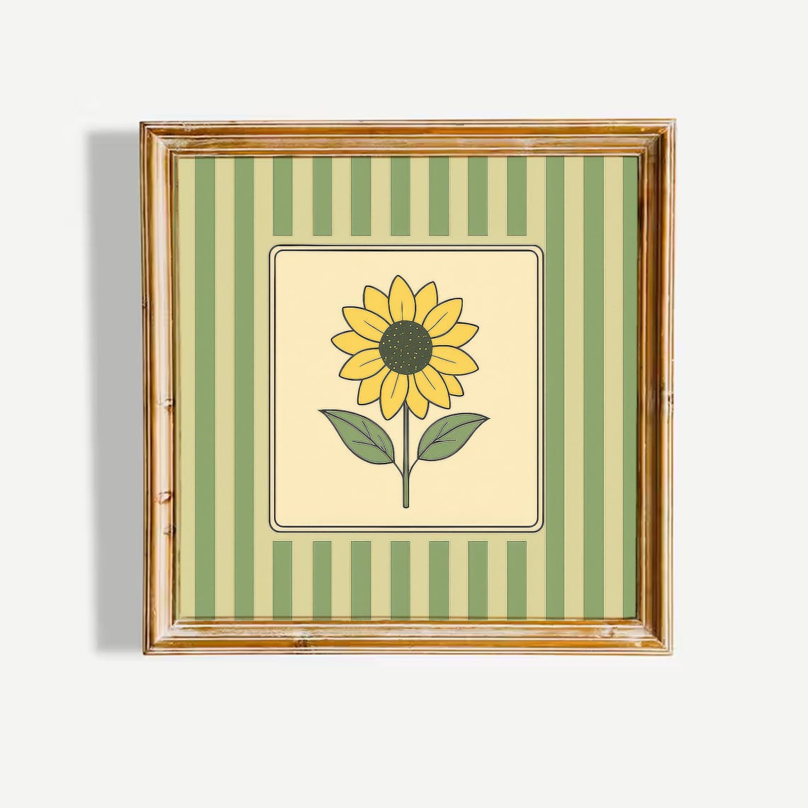 Sunflower Line Art Botanical Poster Bold Green Striped Retro Frame