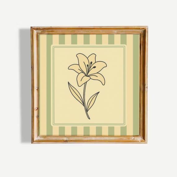 Lily Flower Art Print Soft Botanical Illustration With Green Stripe Frame