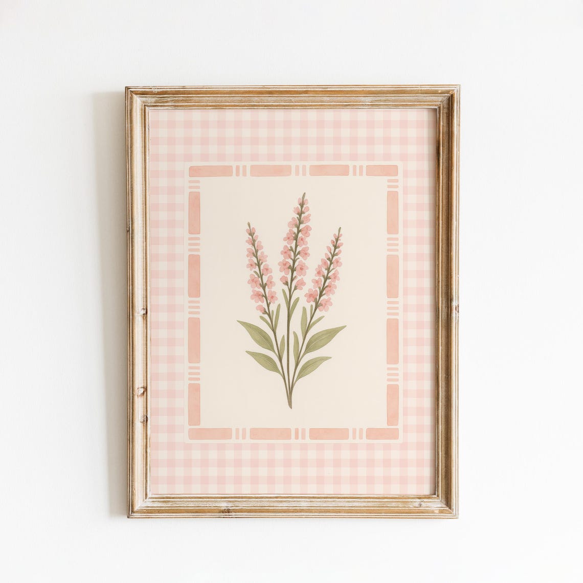 Blush Pink Lavender Botanical Print With Gingham Checkered Border
