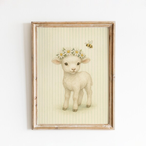 Baby Lamb With Daisy Crown And Bumblebee Nursery Animal Poster