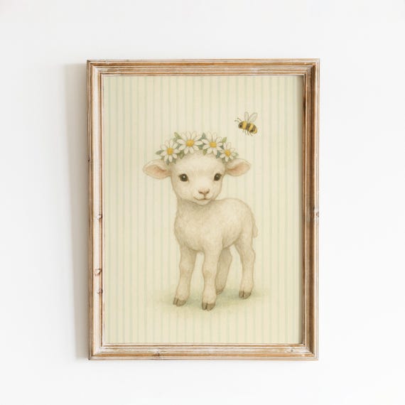 Daisy Crown Lamb Nursery Poster Soft Pastel Baby Sheep Wall Art For Kids