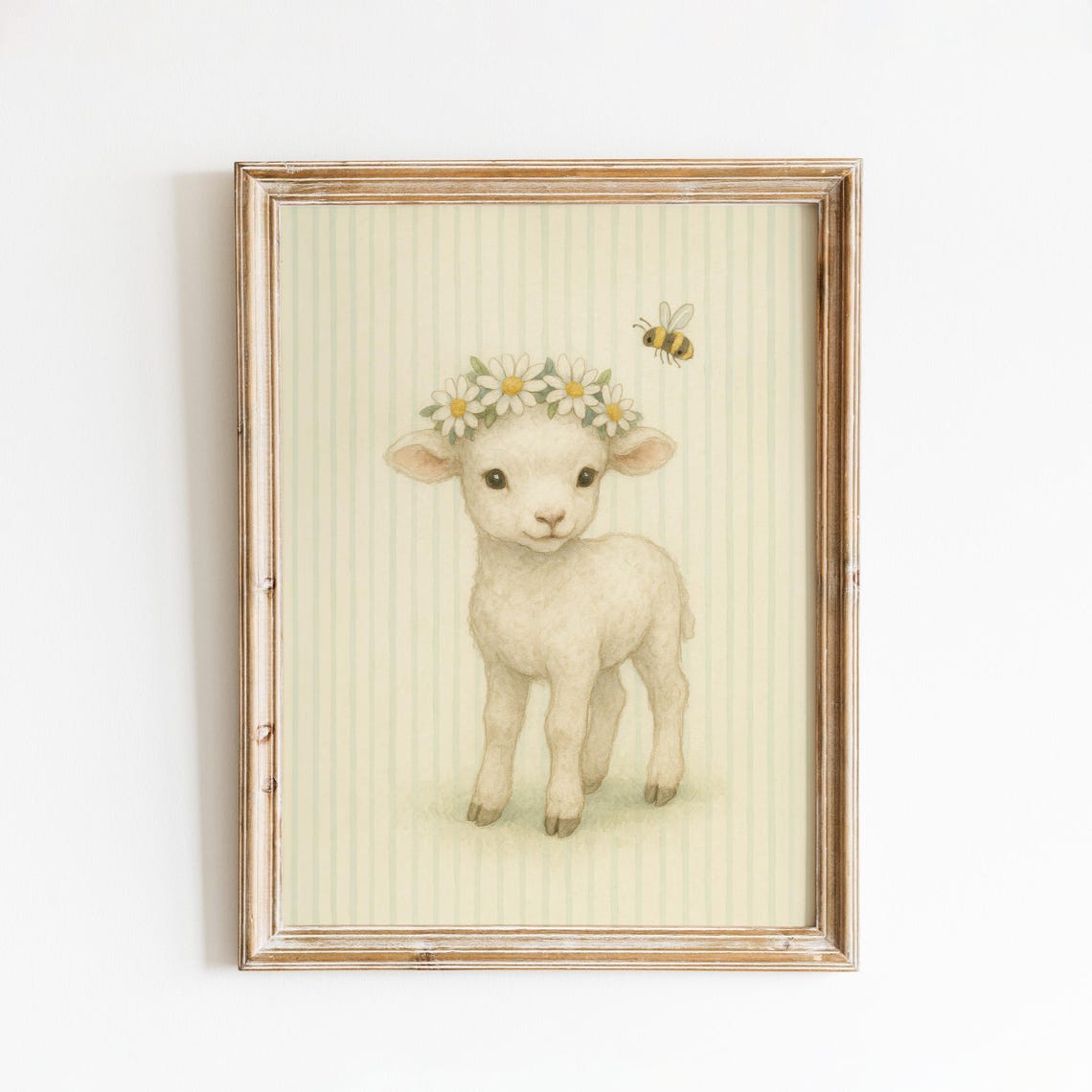 Baby Lamb With Daisy Crown And Bumblebee Nursery Animal Poster