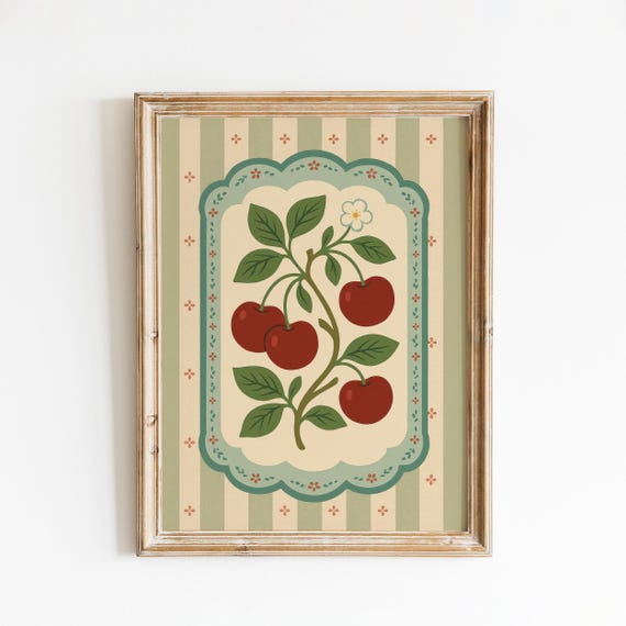 Vintage Cherry Wall Art Folk Fruit Kitchen Poster With Green Stripes Retro Country Farmhouse Decor