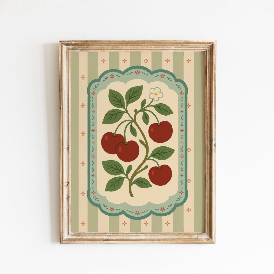 Red Cherry Branch Vintage Fruit Poster On Green Striped Background