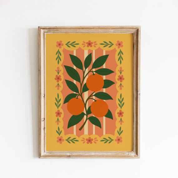 Retro Orange Fruit Print Mediterranean Kitchen Wall Art