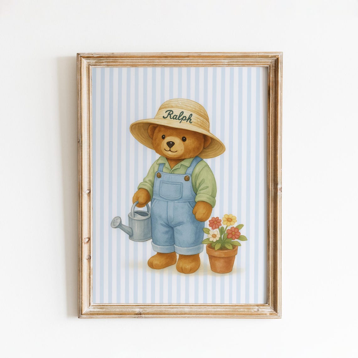 Gardening Bear Wall Art With Pastel Stripes