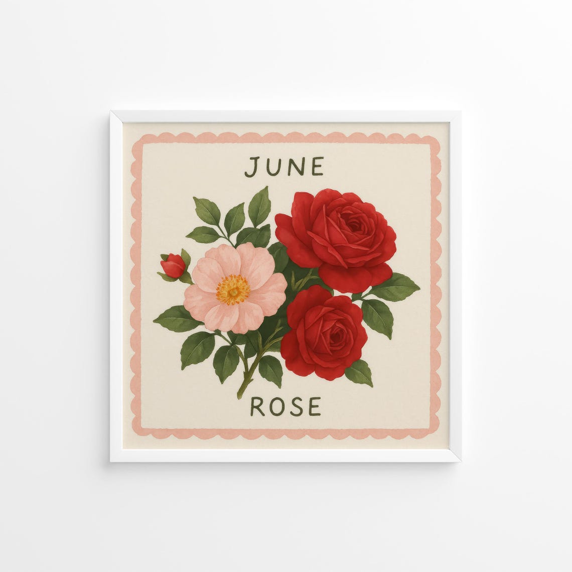 June Rose Red Roses Vintage Botanical Birth Flower Art Poster