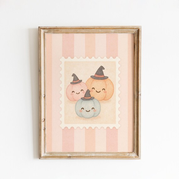 Cute Pastel Pumpkins With Witch Hats Wall Art Print