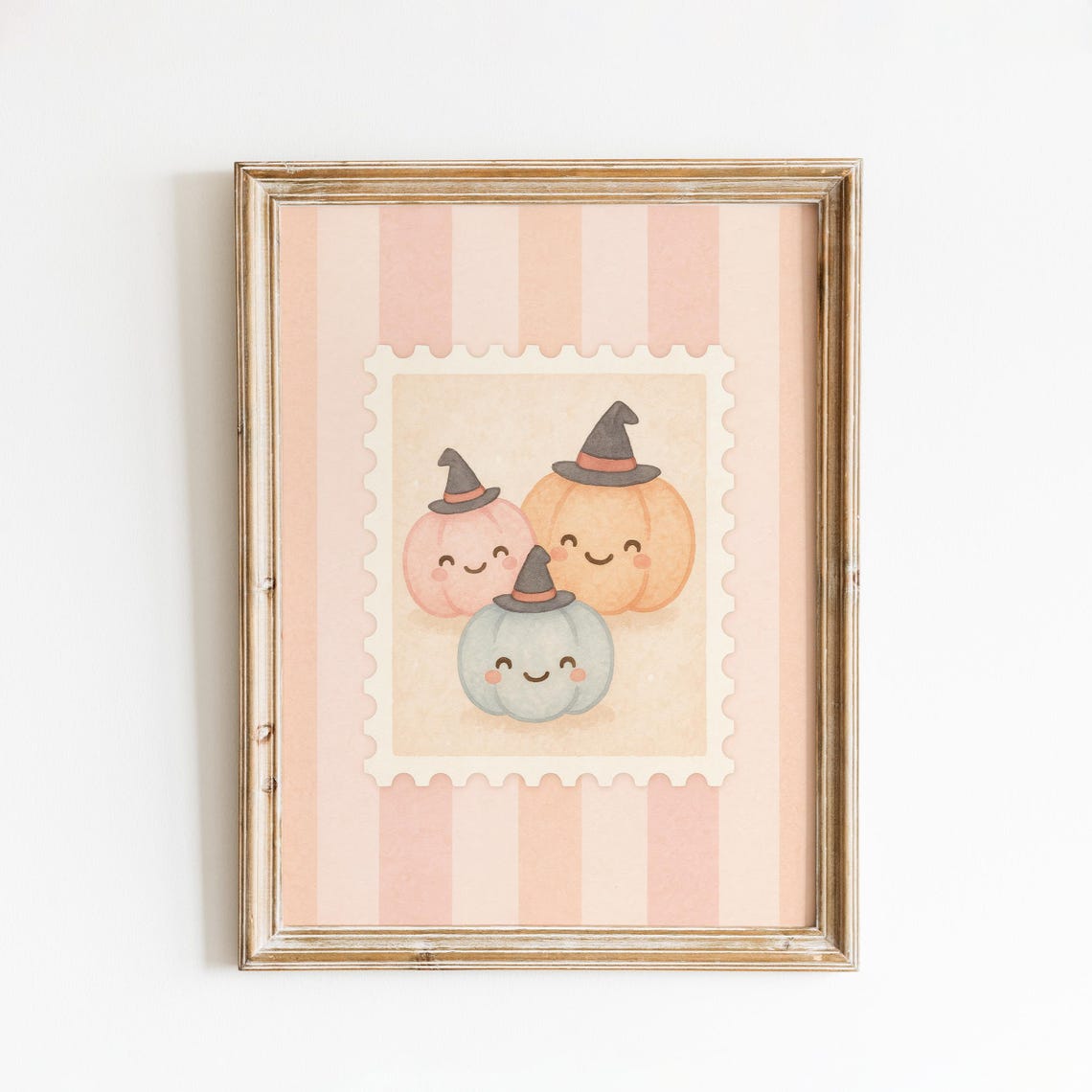 Cute Kawaii Pastel Pumpkins in Witch Hats Halloween Stamp Poster