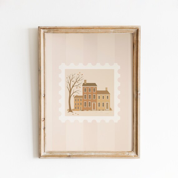 Autumn Colonial Brick Houses Beige Stripe Stamp Architecture Poster