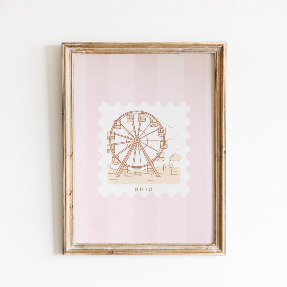 Ohio Ferris Wheel Vintage Stamp Pastel Pink Carnival Wall Art