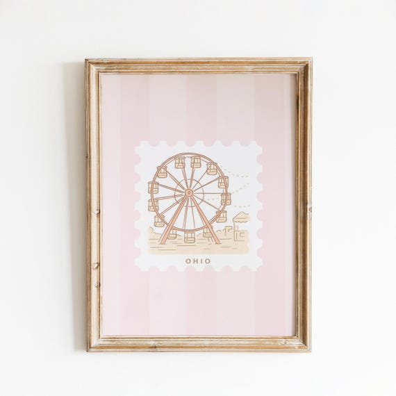 Ohio Ferris Wheel Poster Pastel Pink Retro Carnival Wall Art Travel Stamp Illustration