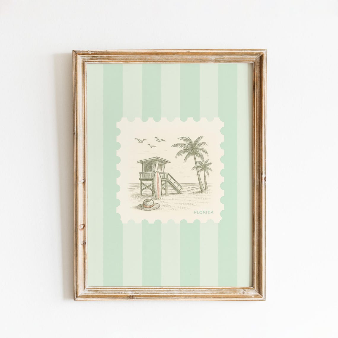 Florida Beach Lifeguard Tower Surfboard Palm Stamp Style Poster