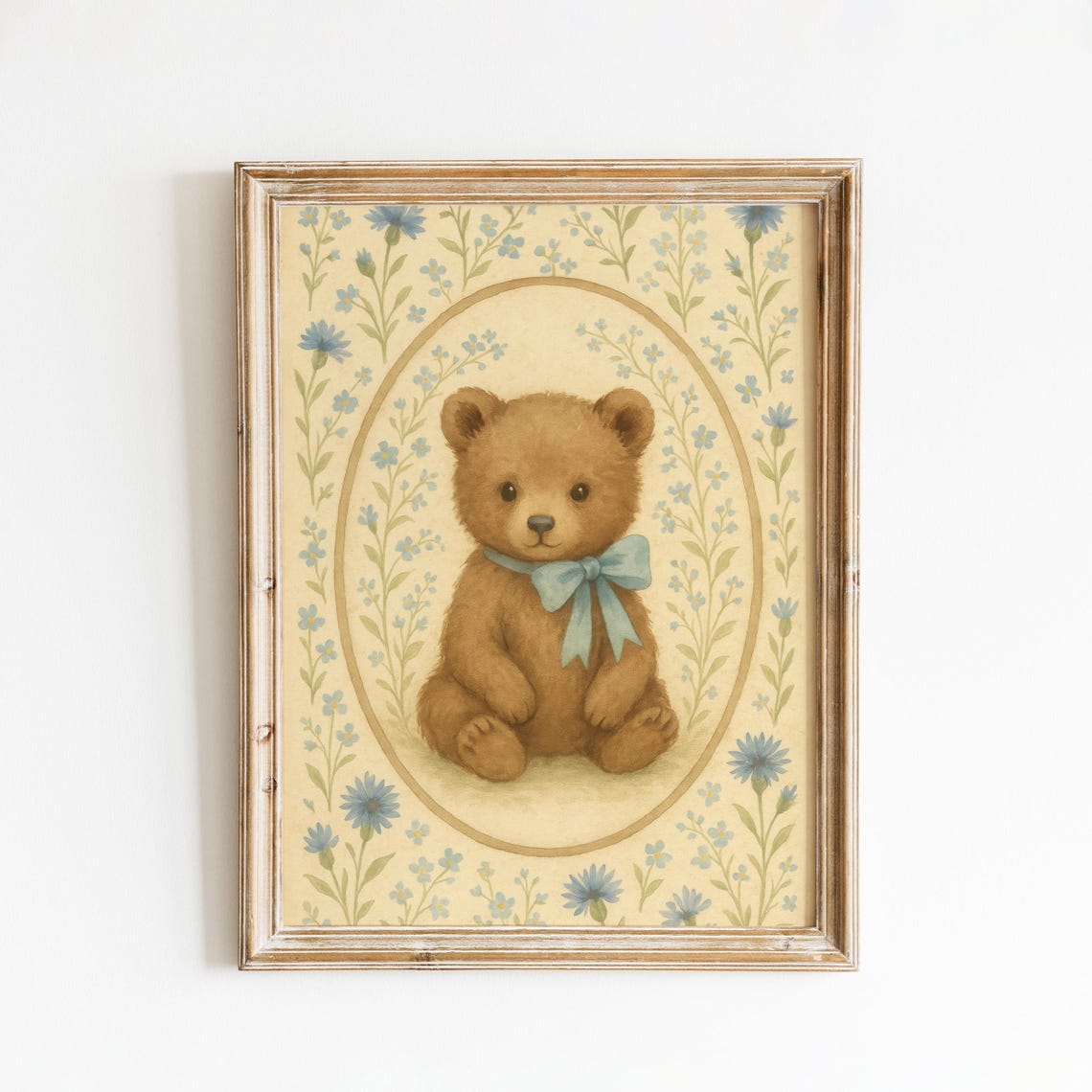 Teddy Bear Nursery Print Blue Bow Vintage Baby Boy Wall Art