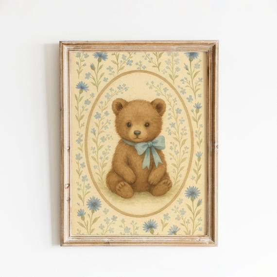 Teddy Bear Nursery Print Blue Bow Vintage Baby Boy Wall Art