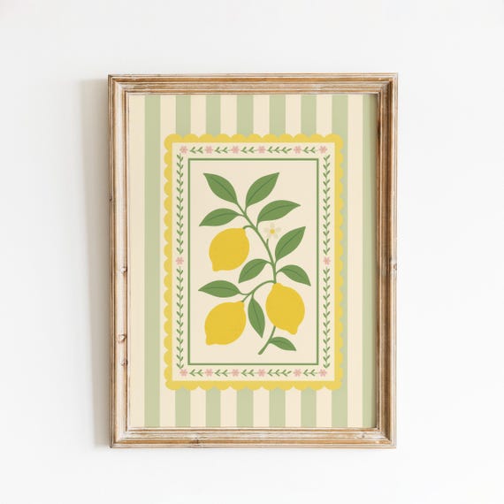 Pastel Lemon Folk Wall Art Vintage Style Fruit Poster With Green Stripes