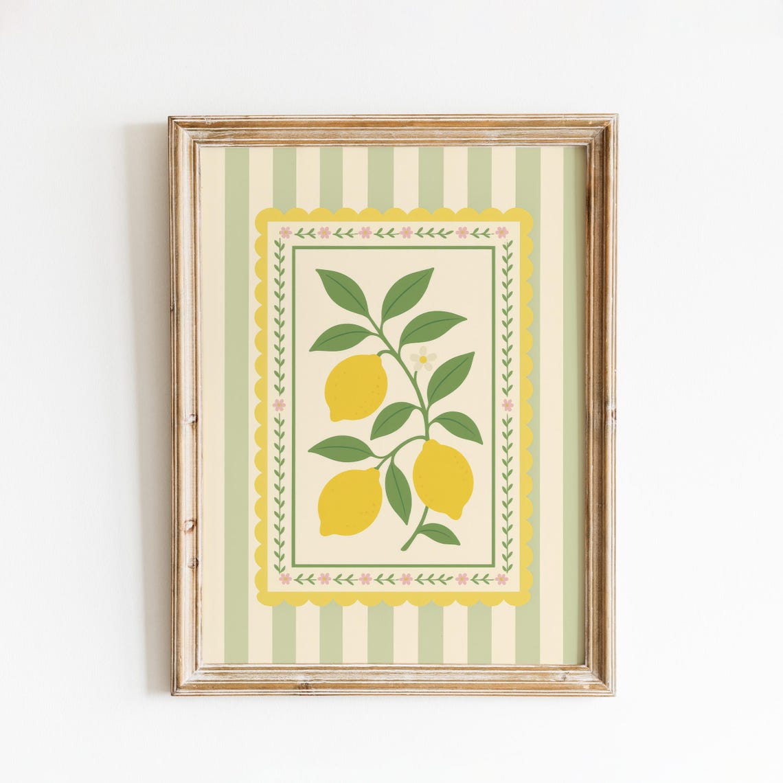 Pastel Lemon Vintage Fruit Wall Art Striped Sage Green Kitchen Decor
