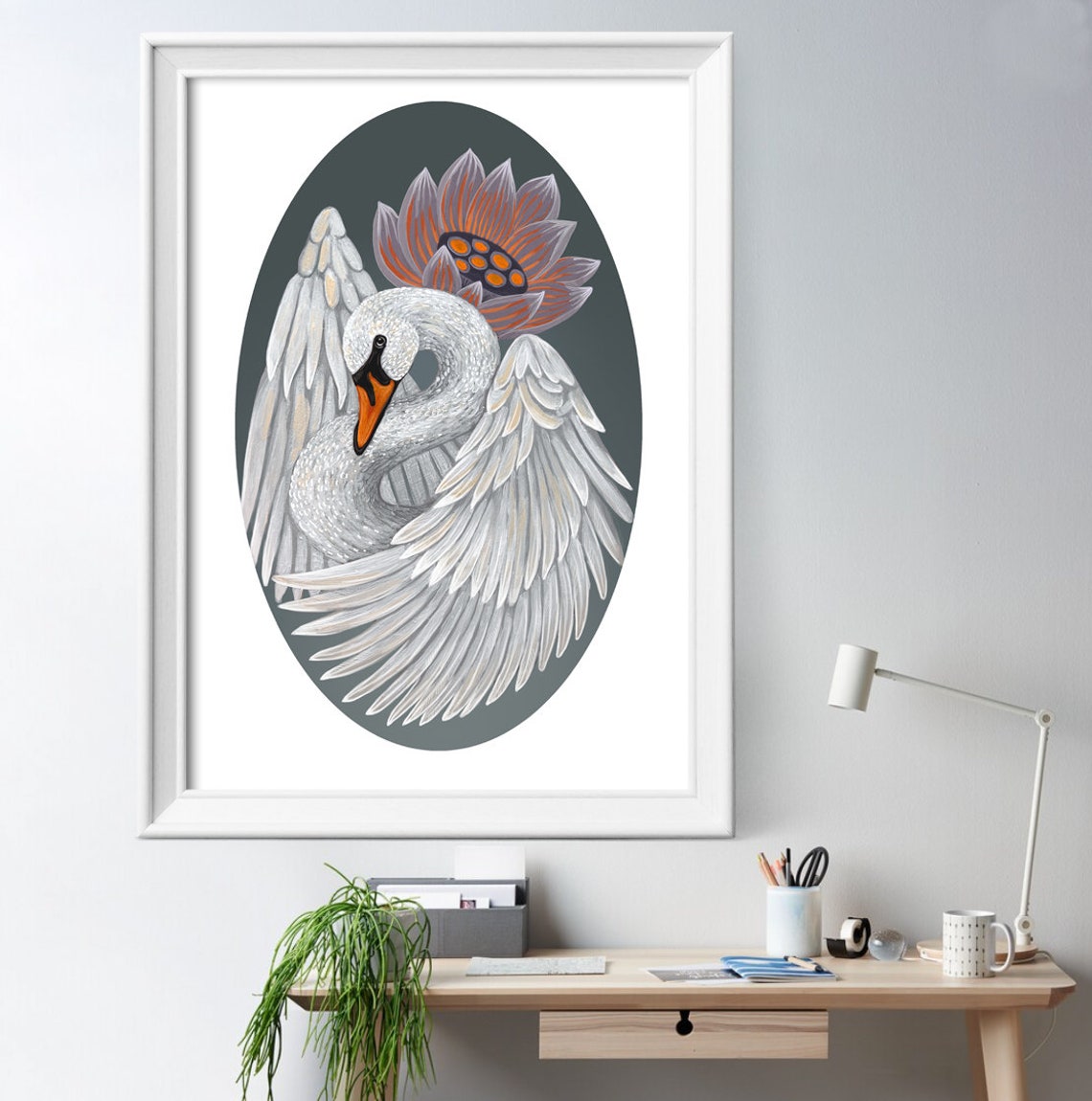Graceful White Swan With Orange Lotus On Deep Green Elegant Art Poster - Image 3