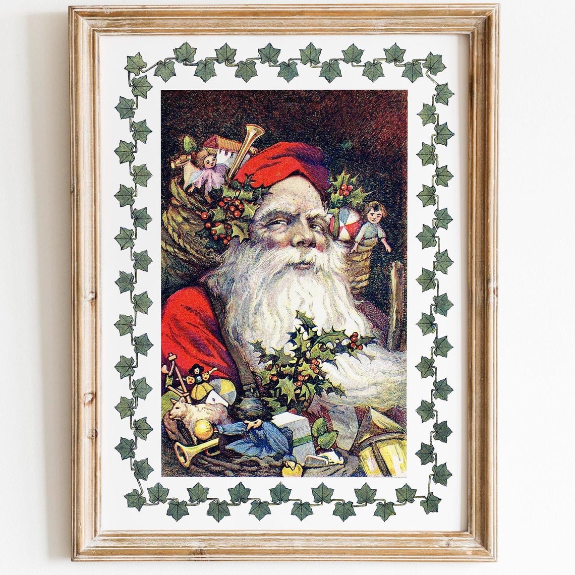 Vintage Santa Claus Toy Basket Ivy Border Antique Christmas Poster