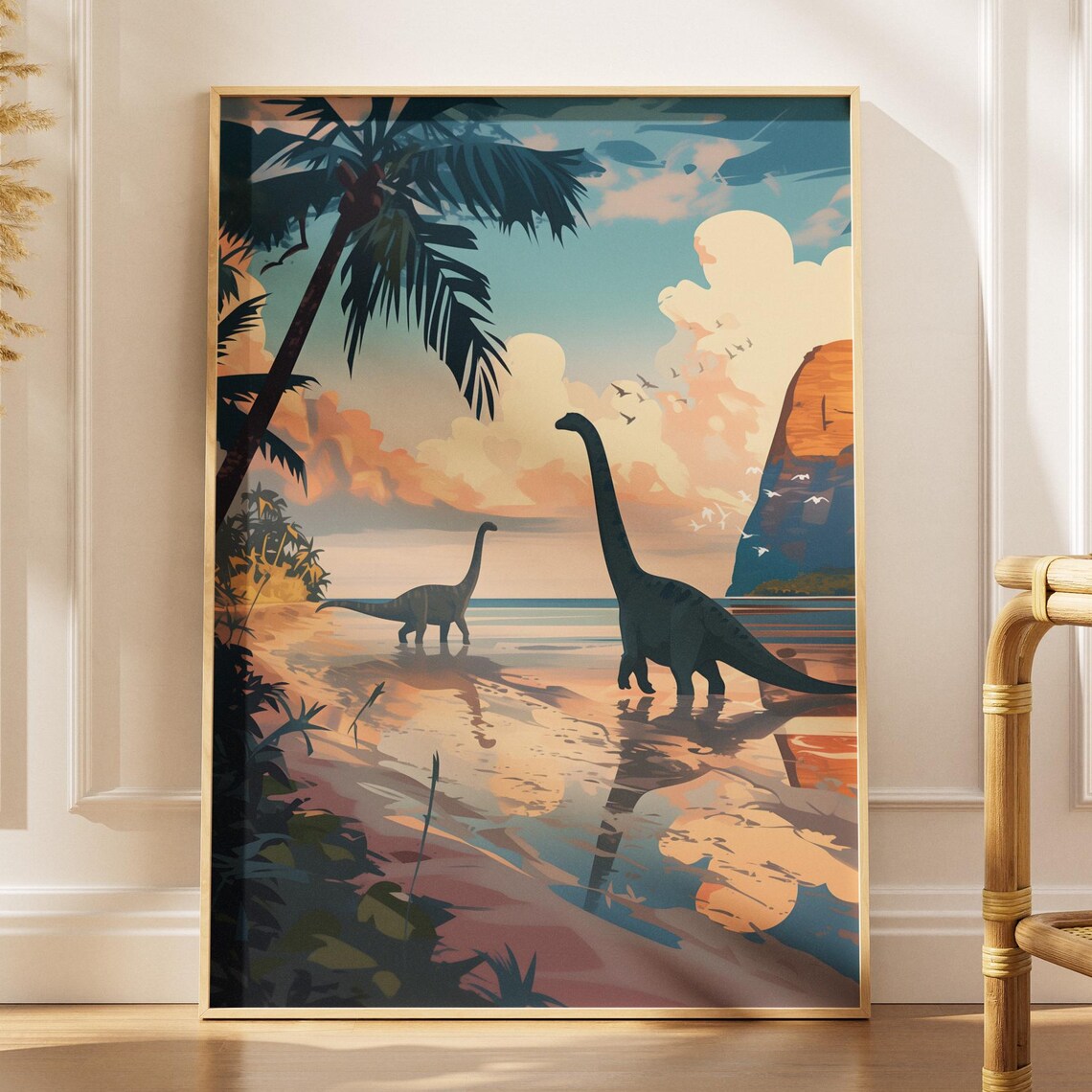 Brachiosaurus Dinosaur Poster, Retro Tropical Sunset